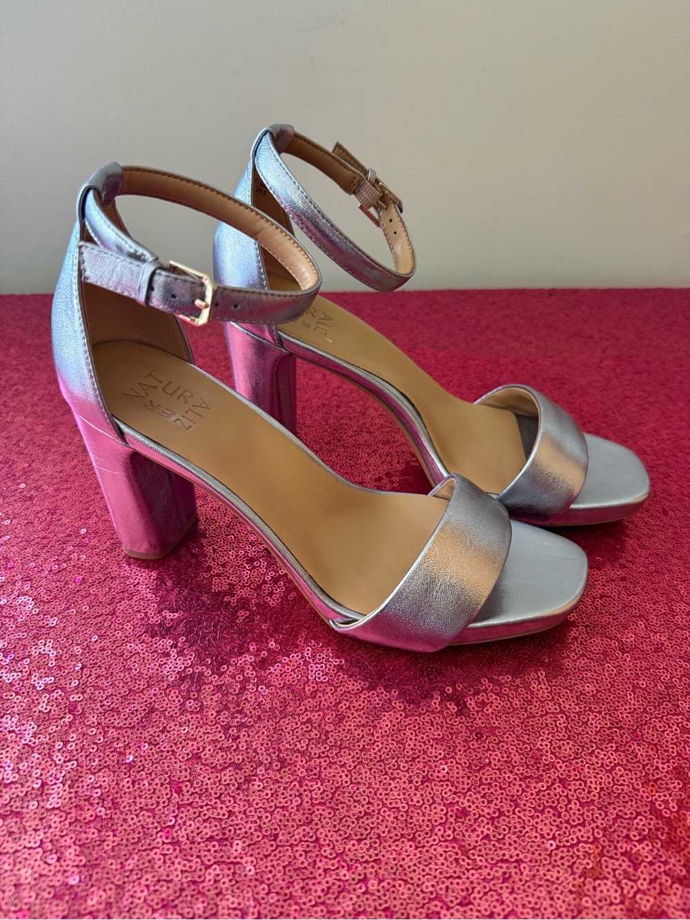 🧊Naturalizer Joy Light Blue Metallic Ankle Strap Heels Dress Sandals